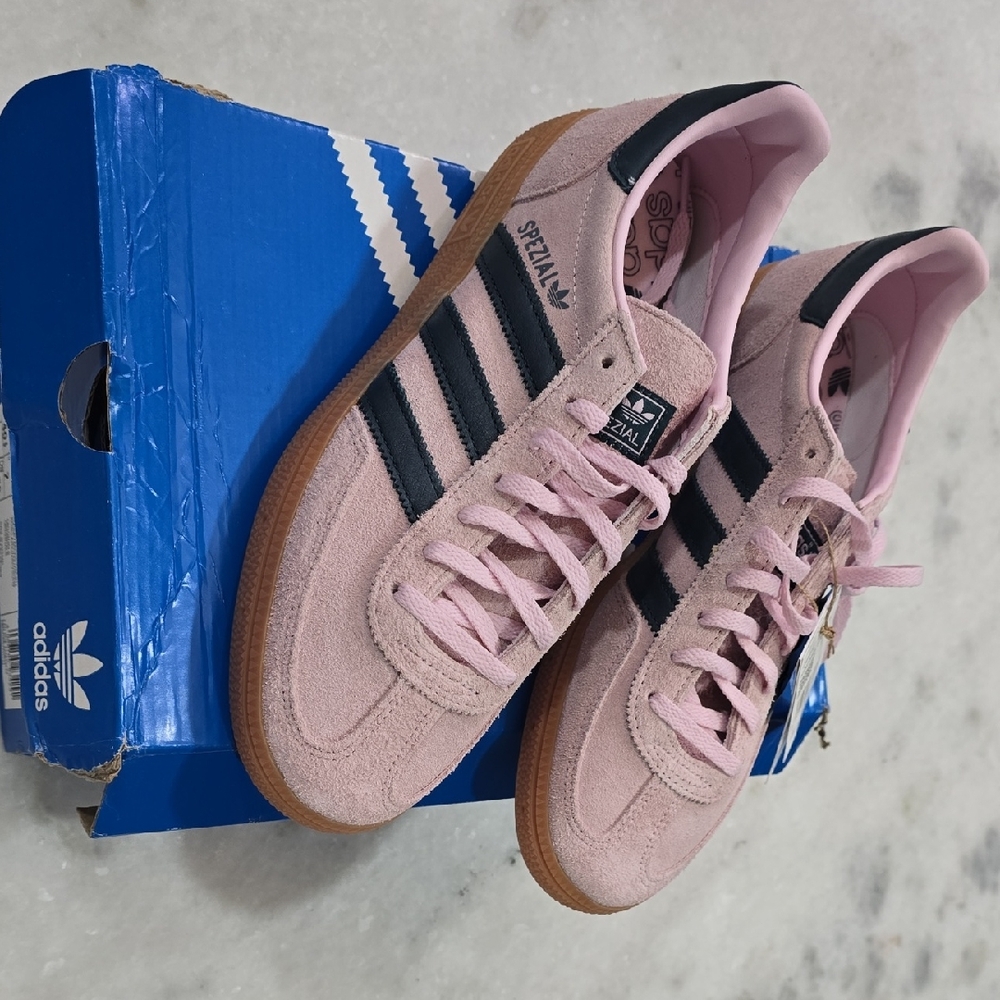 Adidas Pink Suede Sneakers with Black Stripes